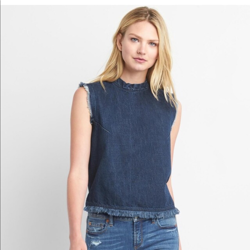 Gap Denim fringe sleeveless mockneck